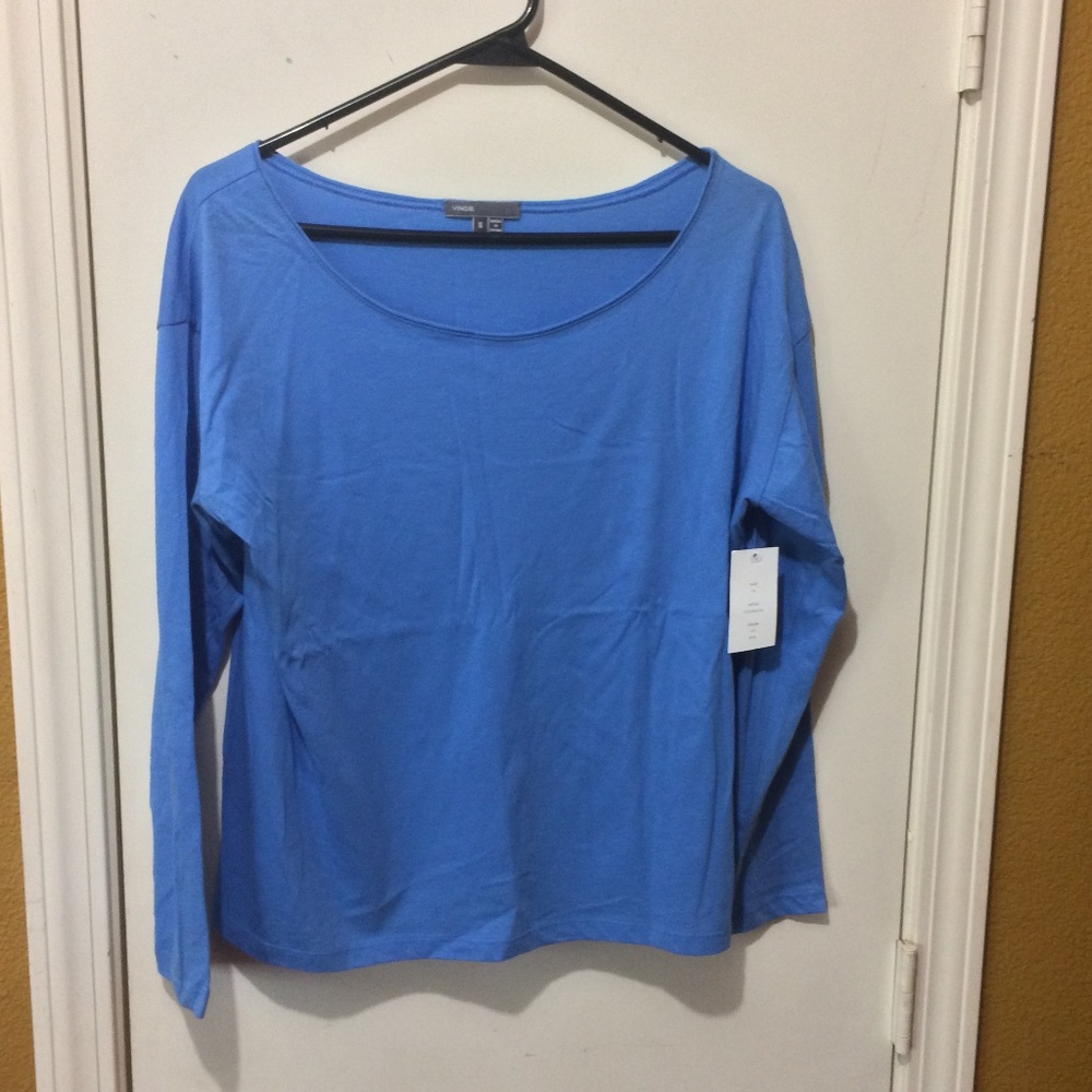 Vince. women's S long sleeved 100% cotton STEEL BLUE wide scoop neck blouse